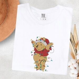 Embroidered White T-Shirt with Festive Bear and Lights